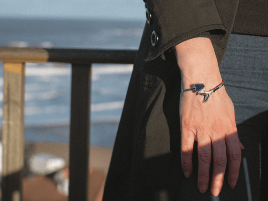 One-of-a-Kind Sterling Silver Whale Tail & Blue Sea Glass Bangle