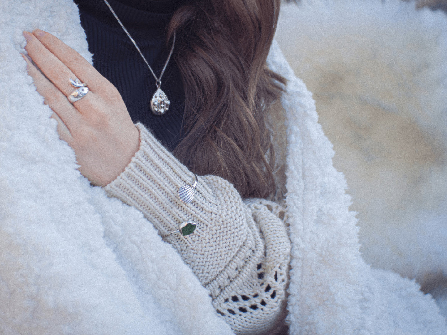 One-of-a-Kind Sterling Silver Scallop Shell & Green Sea Glass Bangle