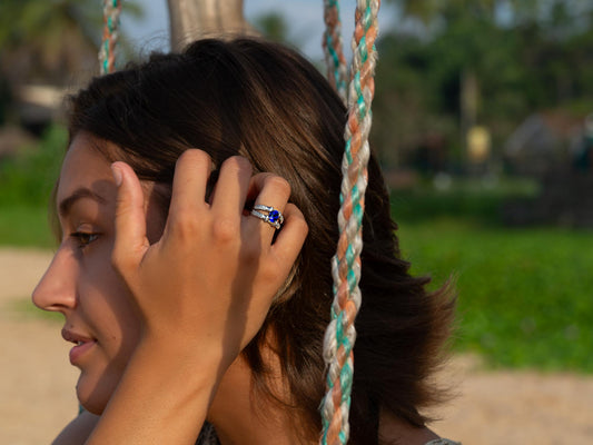 Dark Blue Sea Glass & Synthetic Diamond Ring