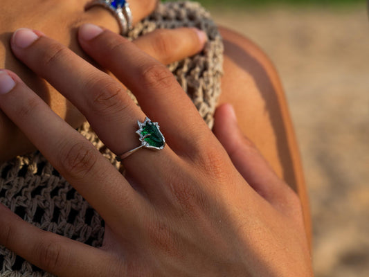 Sea Glass Hand-Carving Ring & American Diamond