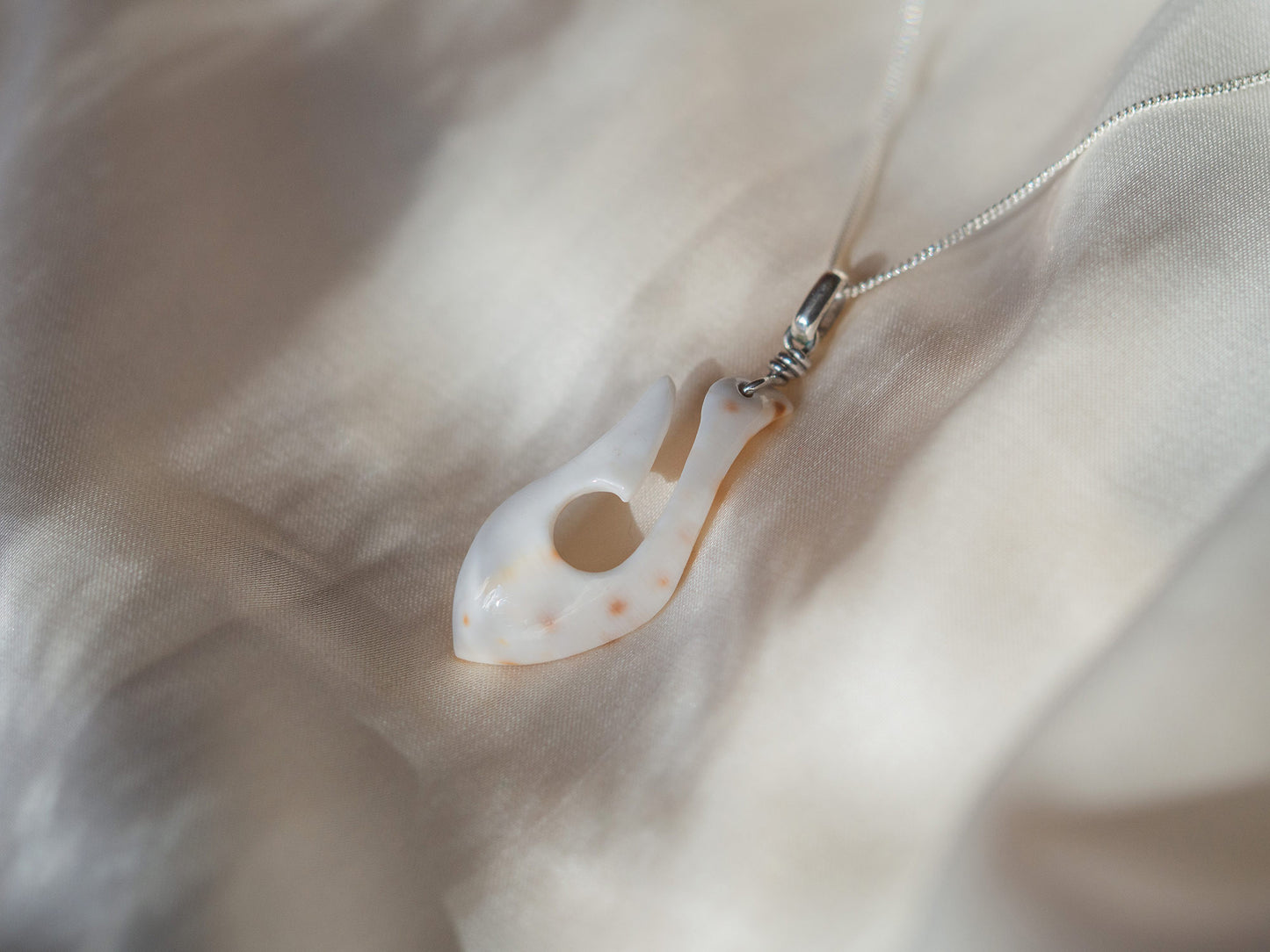 Unique Hand-Carved Natural Cream Shell Pendant on Sterling Silver Chain