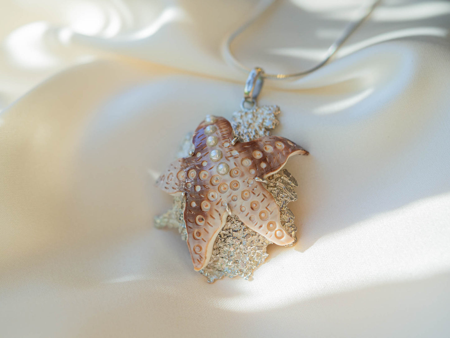 Unique Handmade Starfish Pendant with Sea Urchin Inlay and Pearl Accents Necklace