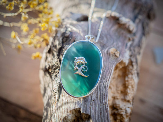 Unique Handcrafted Sterling Silver Green Agate Dolphin Necklace