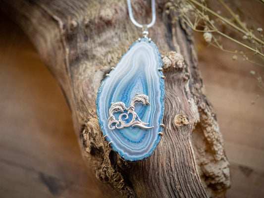 Handcrafted Sterling Silver Blue Agate Slice Necklace