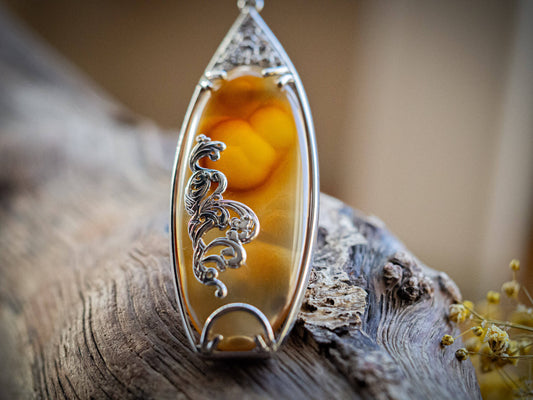 Unique Natural Honey Agate Sterling Silver Pendant Necklace