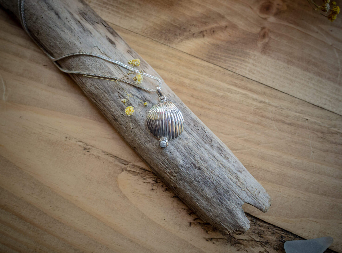 Handcrafted Sterling Silver Scallop Seashell Necklace with Freshwater Cultured Pearl