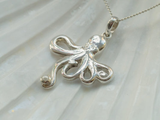 Handcrafted Sterling Silver Mother & Daughter Octopus Necklace with Pearl Bundle