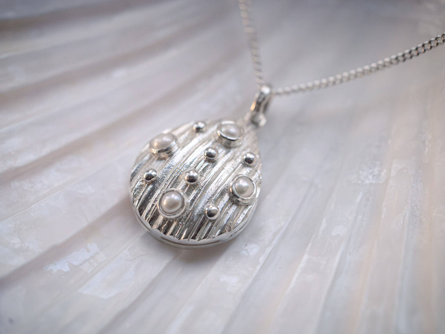 Handcrafted Sterling Silver Scallop Shell Necklace with Cultured Pearl