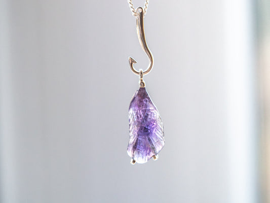 Unique Hand-Carved Amethyst Fish Pendant in Sterling Silver