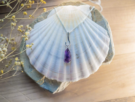 Unique Hand-Carved Amethyst Fish Pendant in Sterling Silver