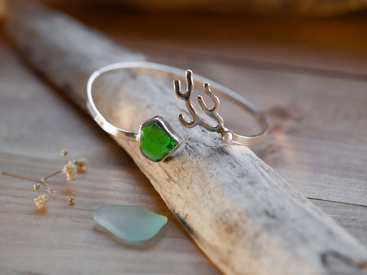 Handcrafted One of a Kind Sterling Silver Sea Glass and Pearl Bangle