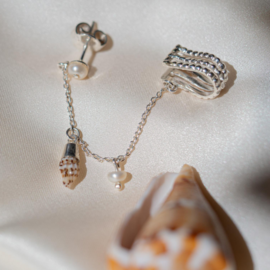 Seashell & Pearl Ear Chain Cuff