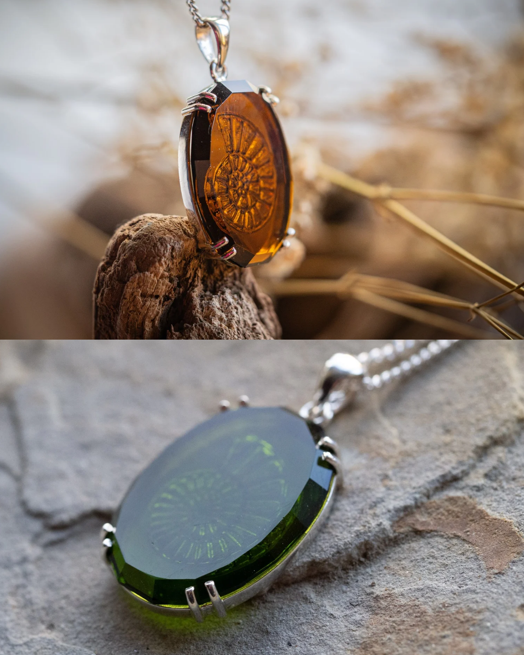 Sterling Silver Amber & Green Sea Glass Spiral Pendant Necklace Bundle