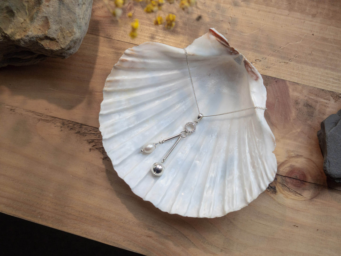 Handcrafted Rhodium-Plated Sterling Silver Moon & Pearl Necklace