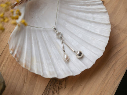 Handcrafted Rhodium-Plated Sterling Silver Moon & Pearl Necklace