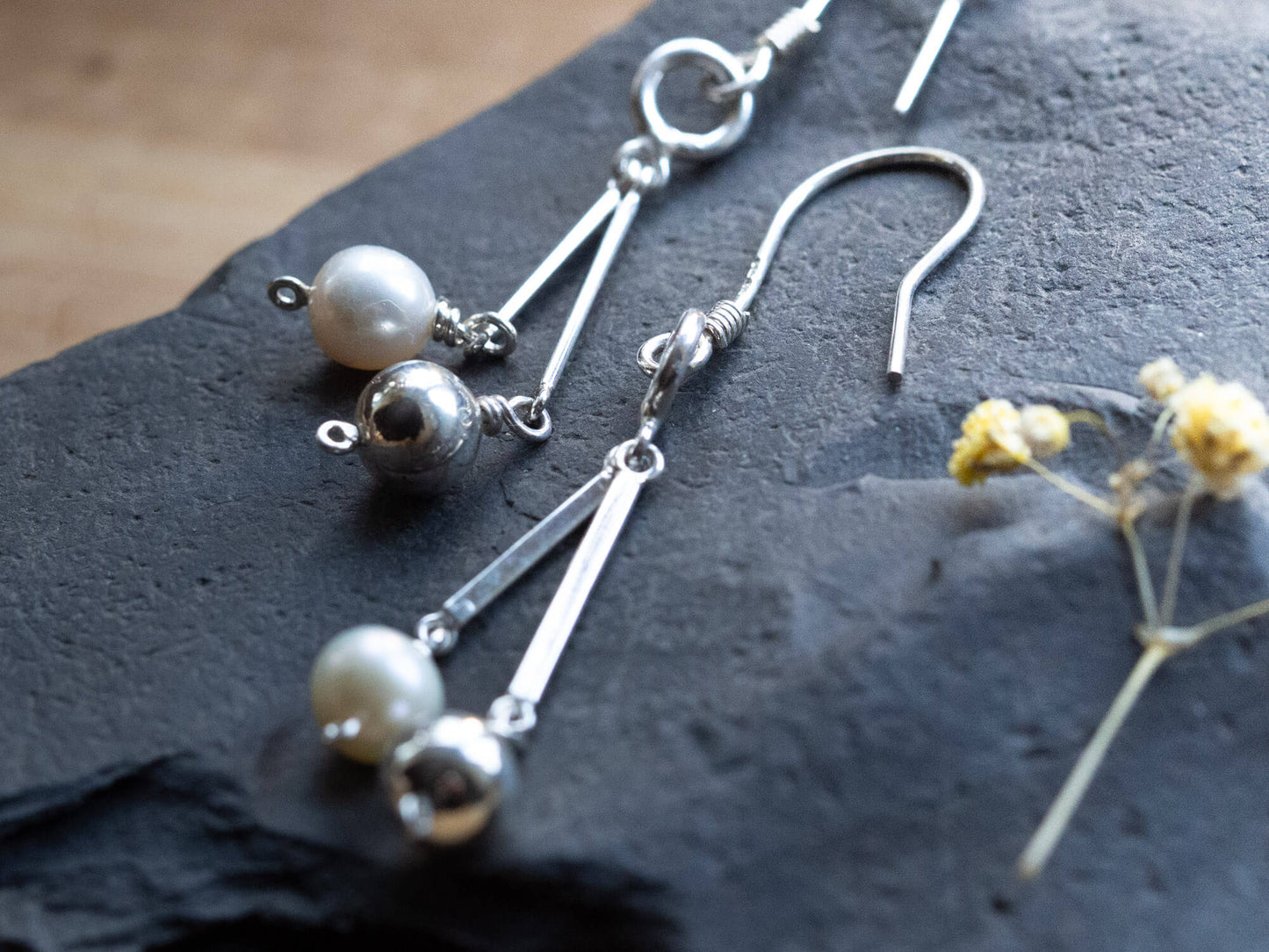 Handcrafted Rhodium-Plated Sterling Silver Moon & Pearl Drop Earrings