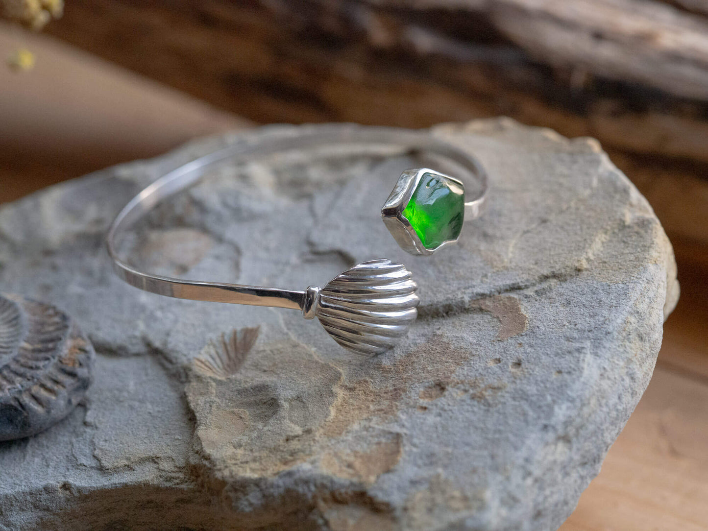 One-of-a-Kind Sterling Silver Scallop Shell & Green Sea Glass Bangle