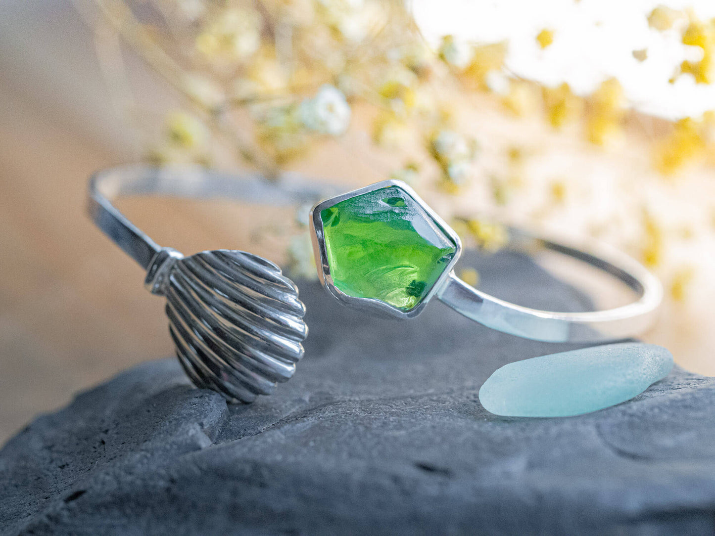 One-of-a-Kind Sterling Silver Scallop Shell & Green Sea Glass Bangle