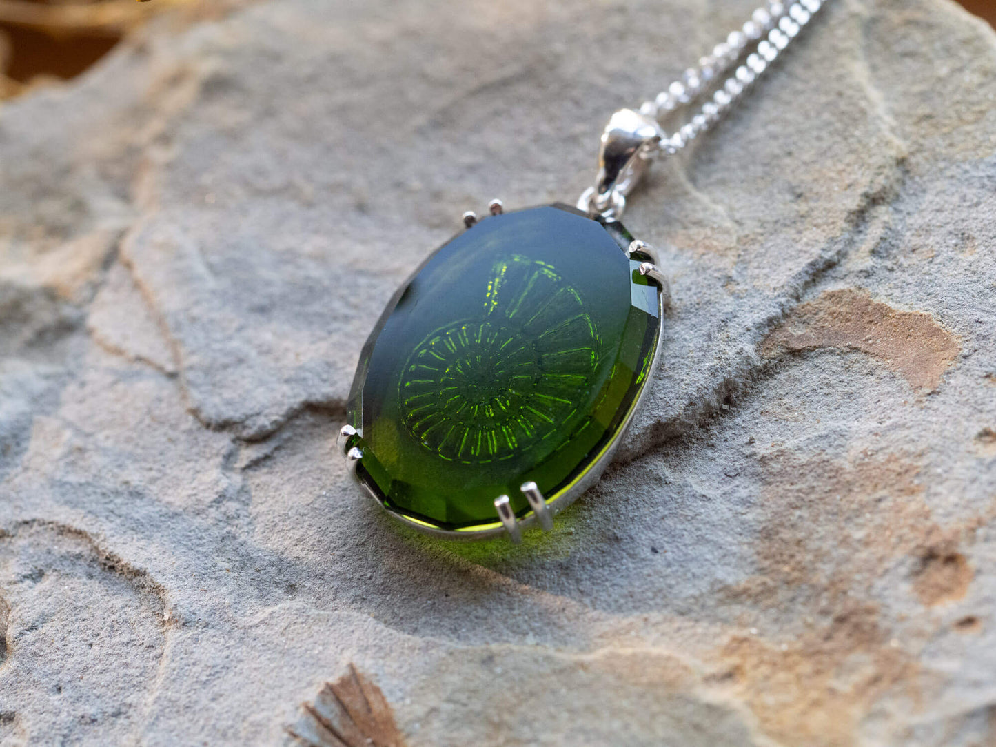 Sterling Silver Amber & Green Sea Glass Spiral Pendant Necklace Bundle