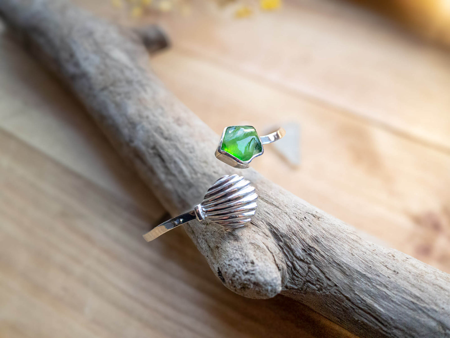 One-of-a-Kind Sterling Silver Scallop Shell & Green Sea Glass Bangle