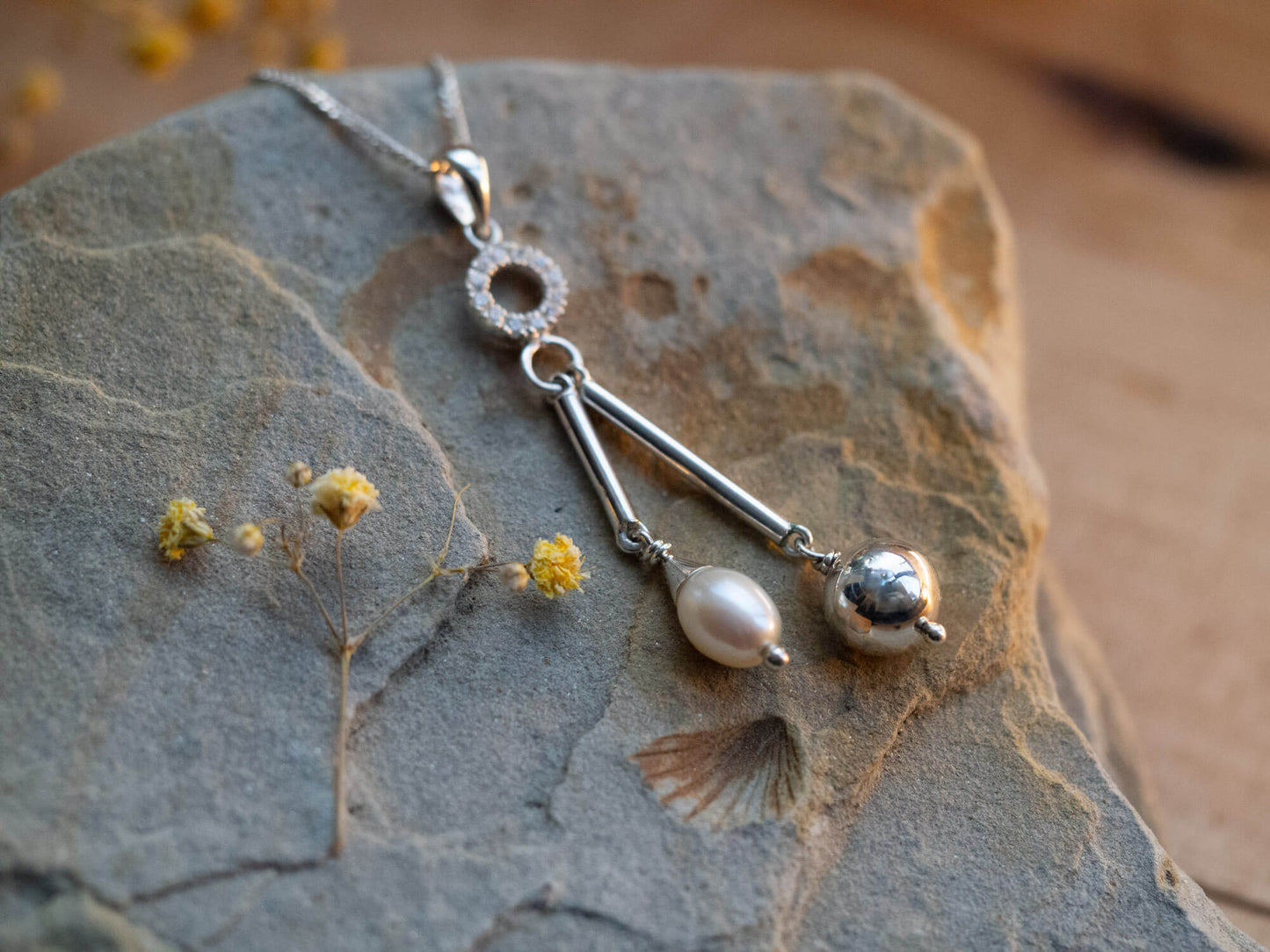 Handcrafted Rhodium-Plated Sterling Silver Moon & Pearl Necklace