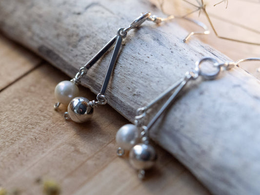 Handcrafted Rhodium-Plated Sterling Silver Moon & Pearl Drop Earrings