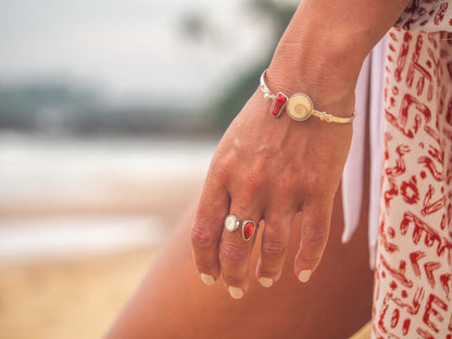 Shiva Eye & Coral Silver Bangle