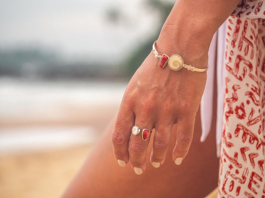 Shiva Eye & Coral Silver Bangle