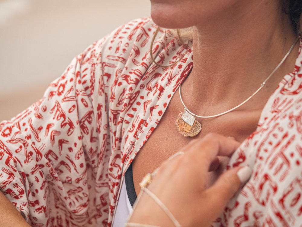 One of a Kind Coral Pendant Necklace on Sterling Silver Choker