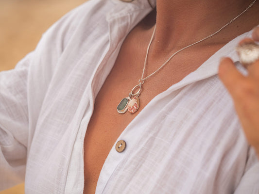 Unique Sea Glass and Seashell Pendant Necklace on Sterling Silver Chain