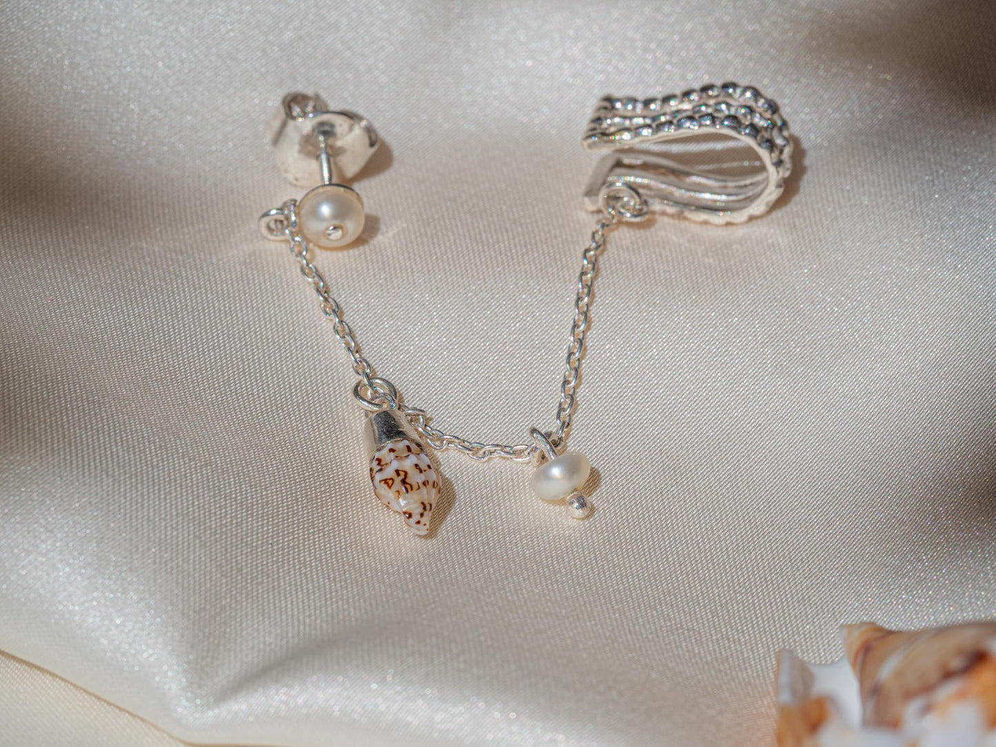 Seashell & Pearl Ear Chain Cuff