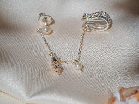Seashell & Pearl Ear Chain Cuff