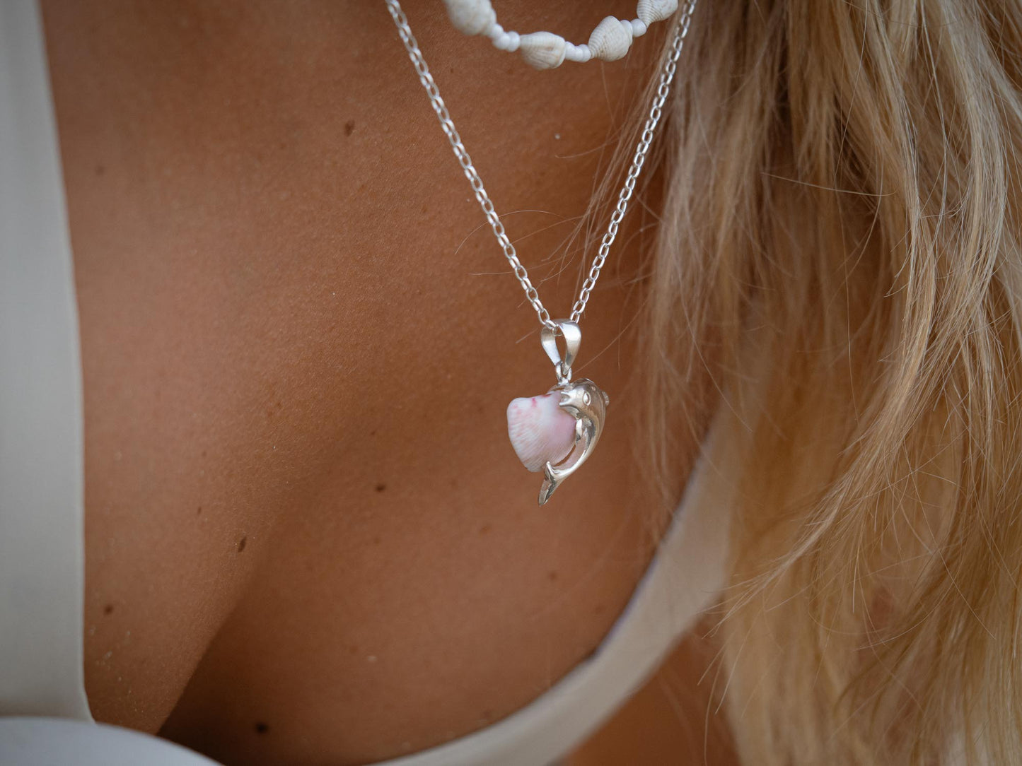 Dolphin & Blush Shell Pendant Necklace