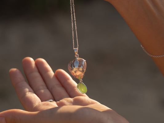 Handmade Silver Petal Shell Pendant with Sea Glass Drop