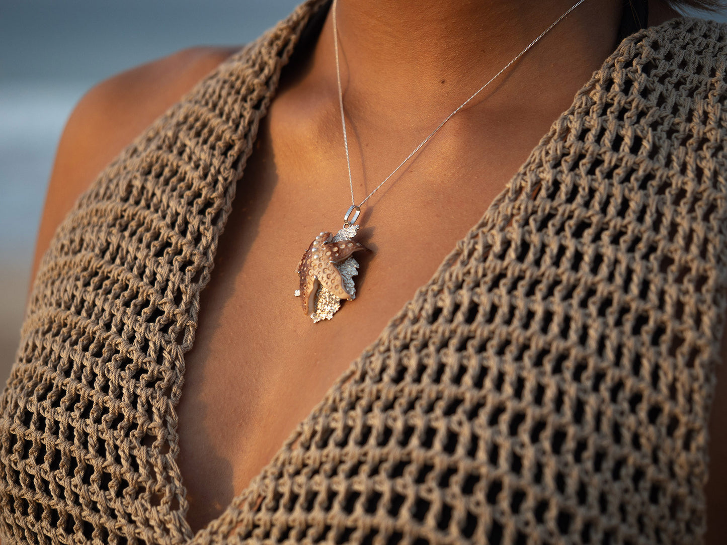 Unique Handmade Starfish Pendant with Sea Urchin Inlay and Pearl Accents Necklace