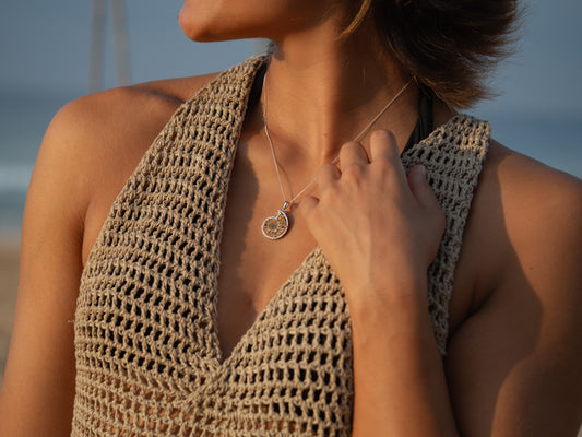 Bejewelled Ammonite Fossil Necklace in Sterling Silver