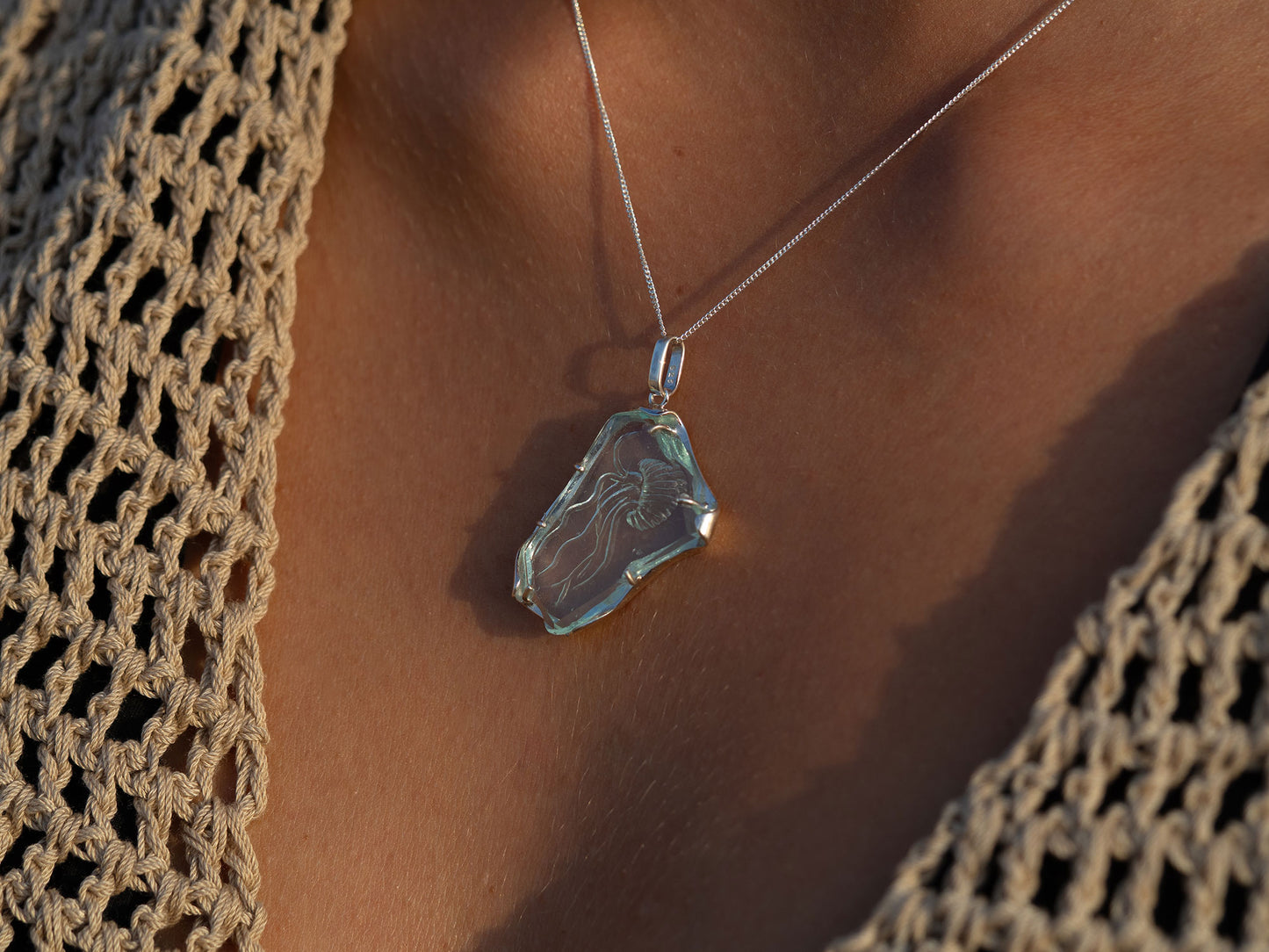 One-of-a-Kind Jellyfish Pendant with Hand-Etched Sea Glass and Silver Setting