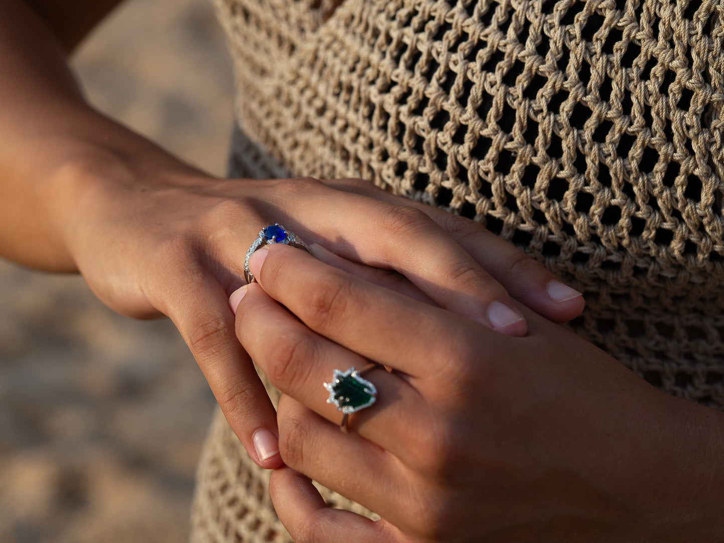 Dark Blue Sea Glass & Synthetic Diamond Ring