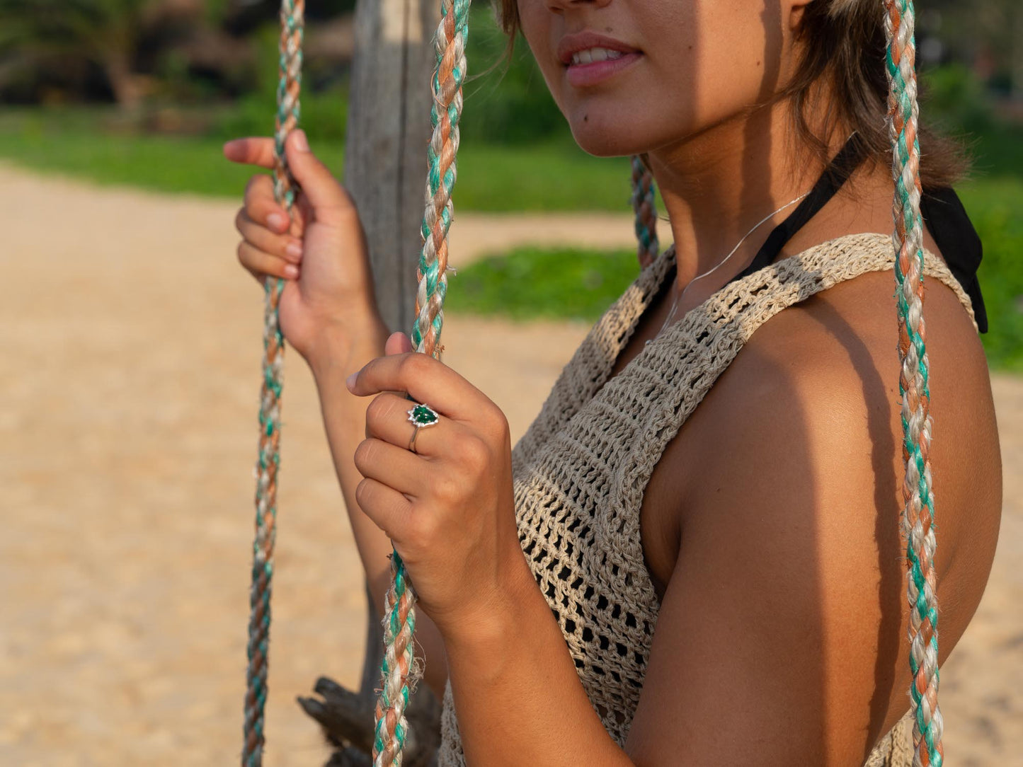 Sea Glass Hand-Carving Ring & American Diamond