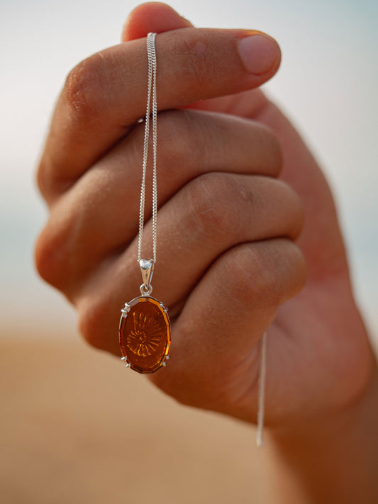 Hand-Carved One-of-a-Kind Amber Sea Glass Pendant with Rhodium-Plated Silver Clasp
