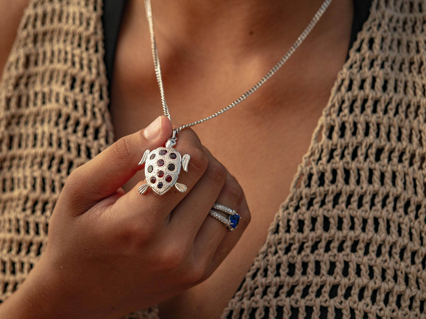 Garnet Moving Turtle Pendant Necklace