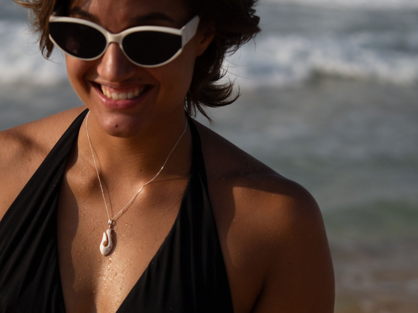 Unique Hand-Carved Natural Cream Shell Pendant on Sterling Silver Chain