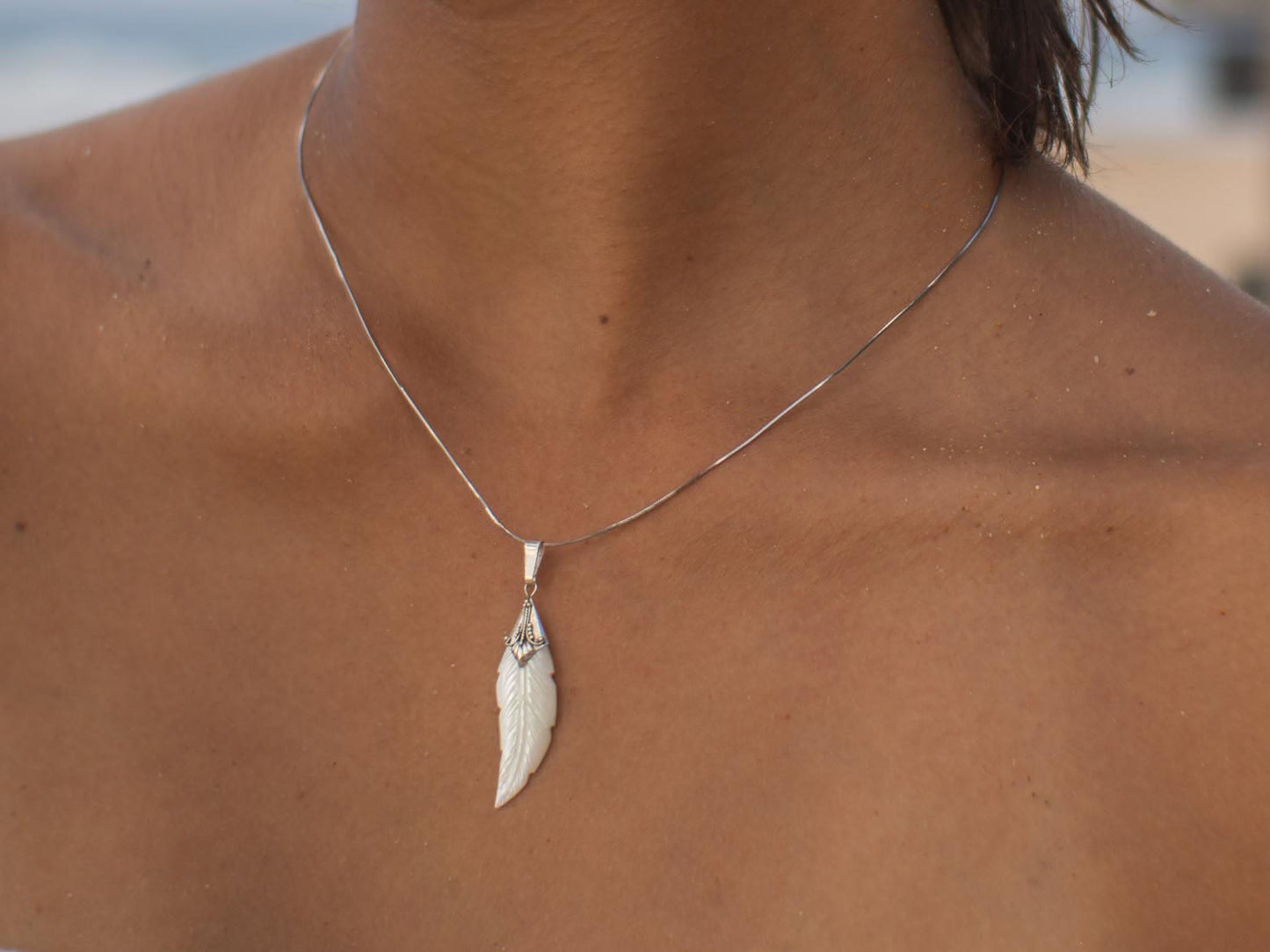 Mother of Pearl Moon feather Pendant Necklace