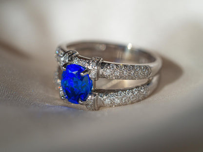 Dark Blue Sea Glass & Synthetic Diamond Ring
