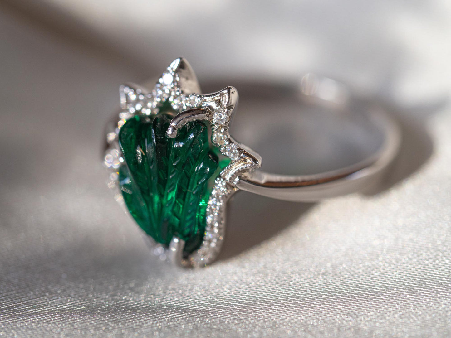 Sea Glass Hand-Carving Ring & American Diamond