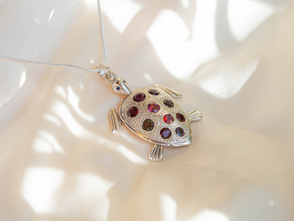 Garnet Moving Turtle Pendant Necklace