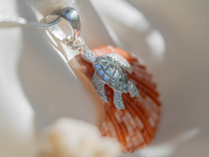 Handmade Sterling Silver Turtle & Natural Shell Pendant Necklace