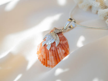 Handmade Sterling Silver Turtle & Natural Shell Pendant Necklace