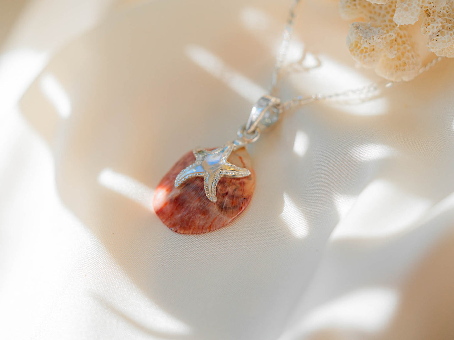 Handmade Sterling Silver Starfish and Natural Shell Pendant Necklace