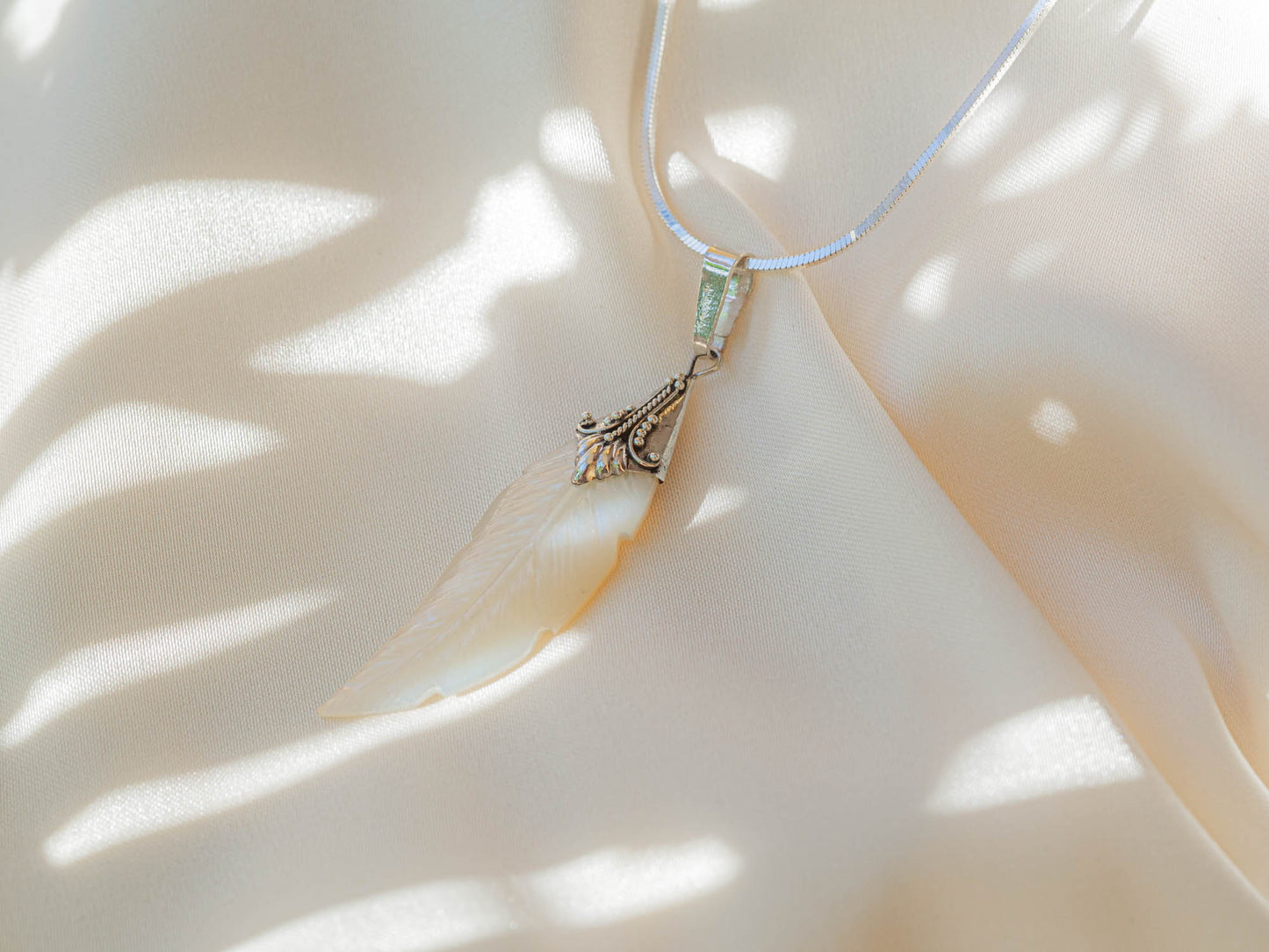 Mother of Pearl Moon feather Pendant Necklace